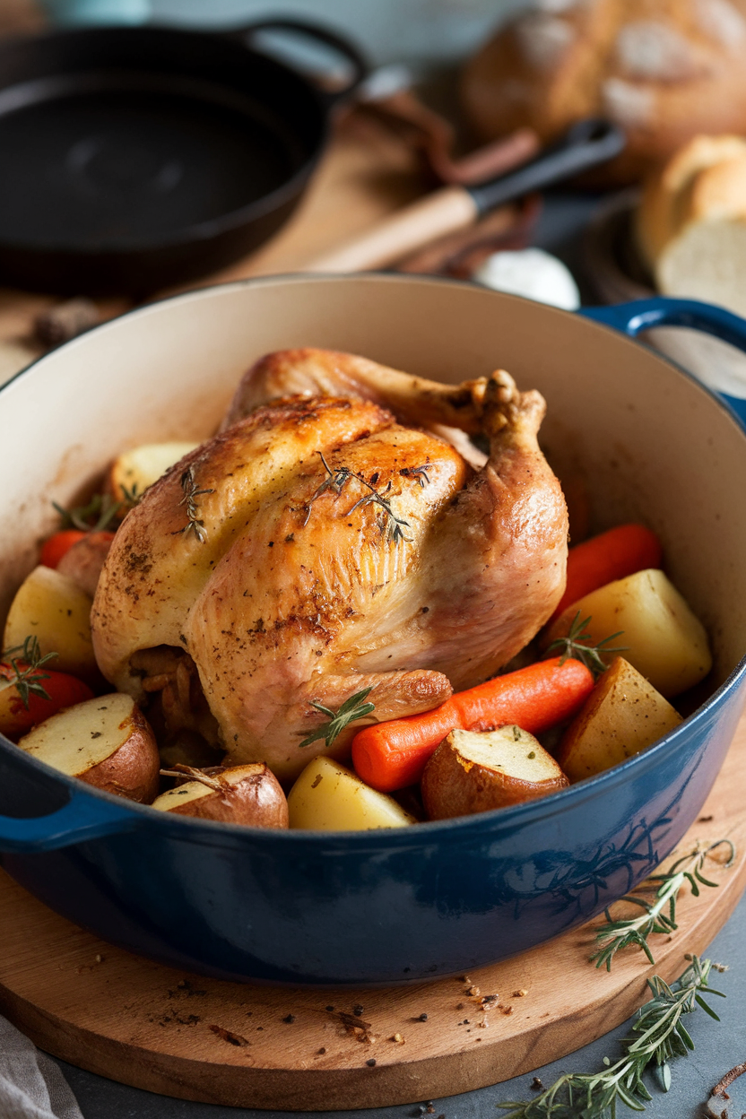 Indoor photo of a golden roast chicken nestled on potatoes and carrots inside a Dutch oven, herbs visible on the skin. No text or branding.