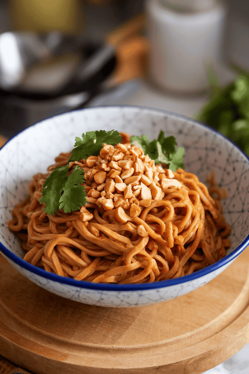 An indoor serving bowl piled with cooked noodles coated in peanut sauce, garnished with chopped peanuts and cilantro—photo, no text or logos.