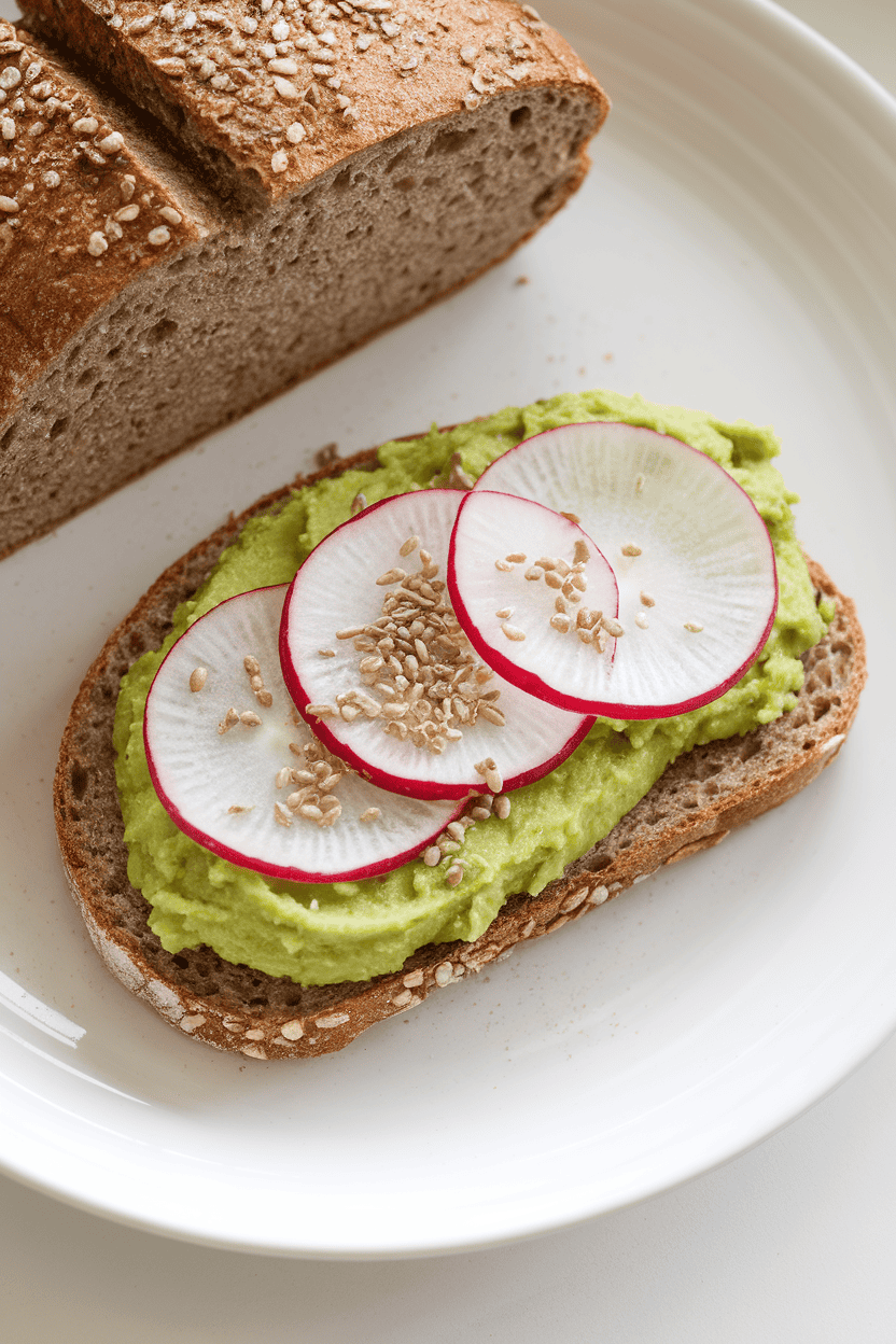An indoor breakfast plate showcasing a slice of sprouted grain bread topped with mashed avocado, radish slices, and a sprinkle of hemp seeds. No logos or text. Photo only.