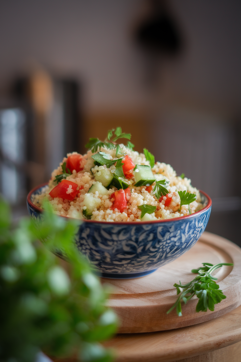 Indoor photo of a bowl of fluffy couscous tossed with diced cucumbers, tomatoes, and parsley under soft kitchen lighting. No text or logos anywhere.