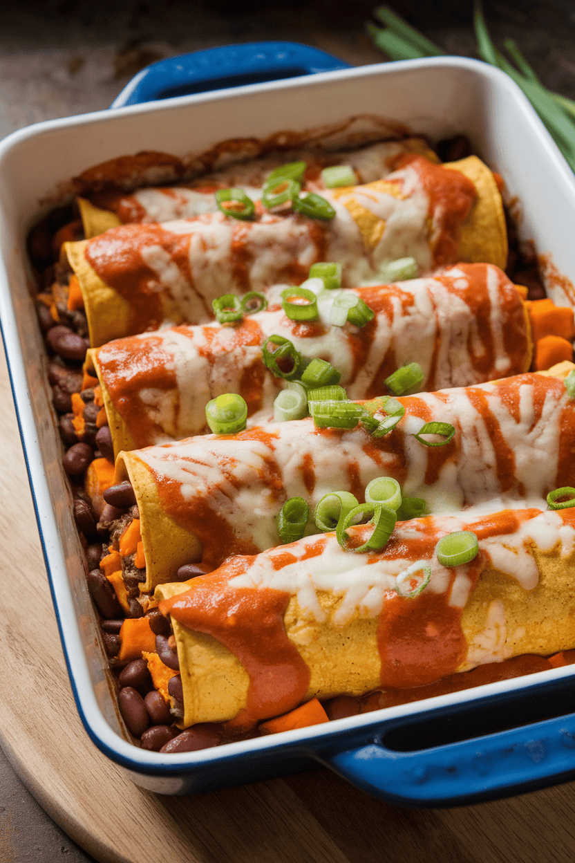Indoor casserole dish filled with rolled corn tortillas stuffed with black beans and sweet potatoes, topped with red enchilada sauce and melted cheese; no logos, photo only.