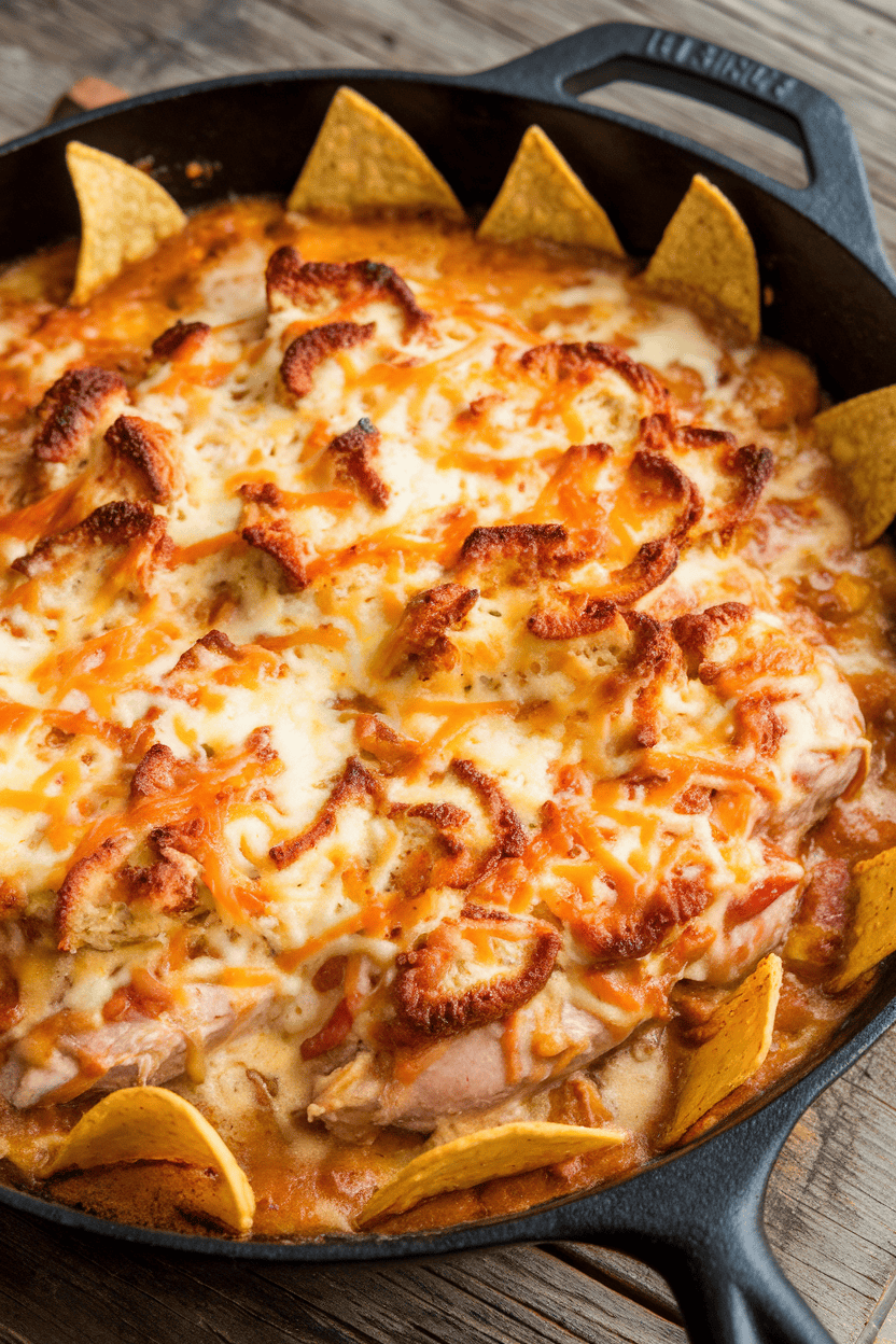 Photo of an indoor dining table with a bubbling King Ranch chicken casserole, corn tortilla strips peeking through creamy sauce, lightly browned cheese on top. No text or logos present.
