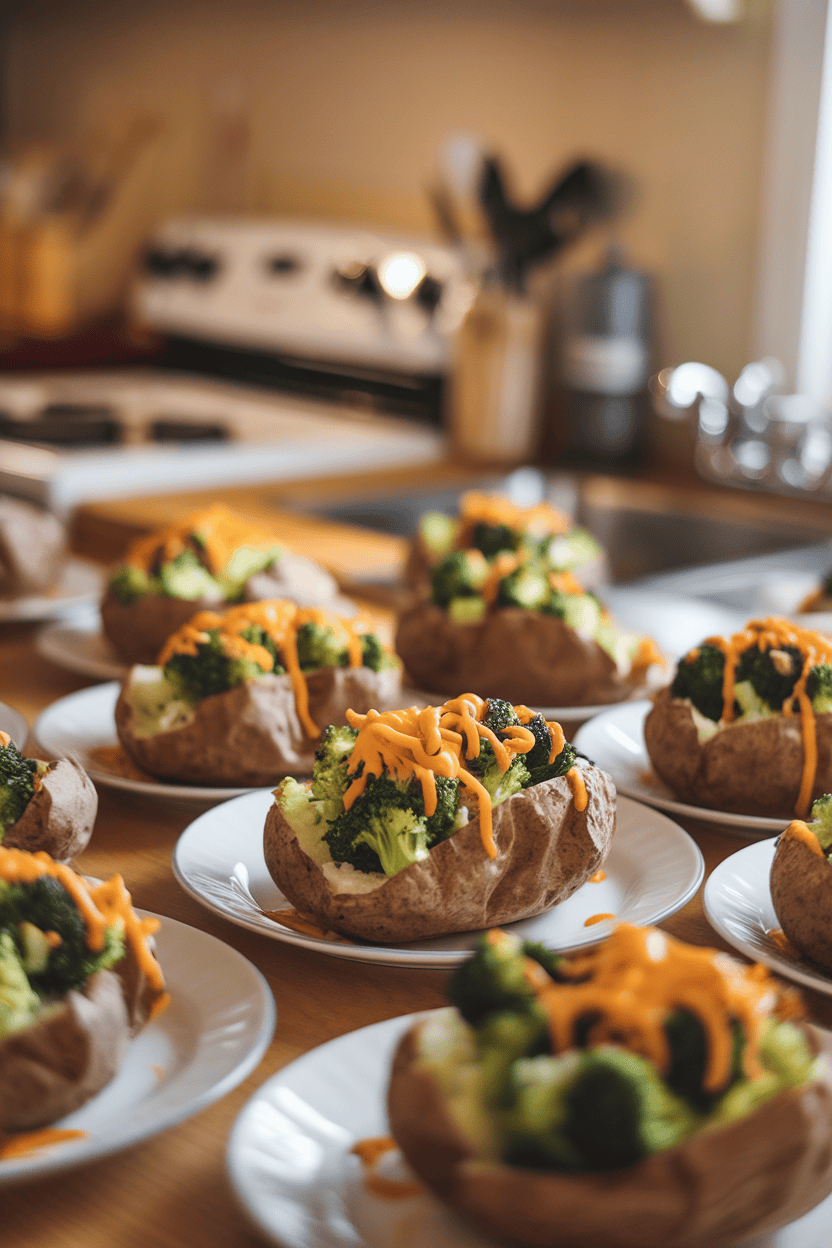 Warm indoor kitchen scene showing split baked potatoes overflowing with chopped broccoli and melted cheddar cheese; no logos or text on plates.
