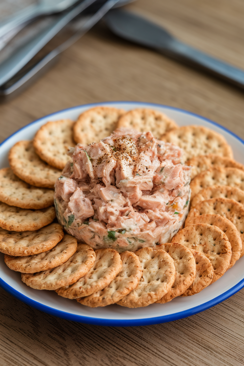 A small indoor plate sporting whole-grain crackers topped with cooked canned tuna salad and a sprinkle of pepper, no text or logos, photograph only.