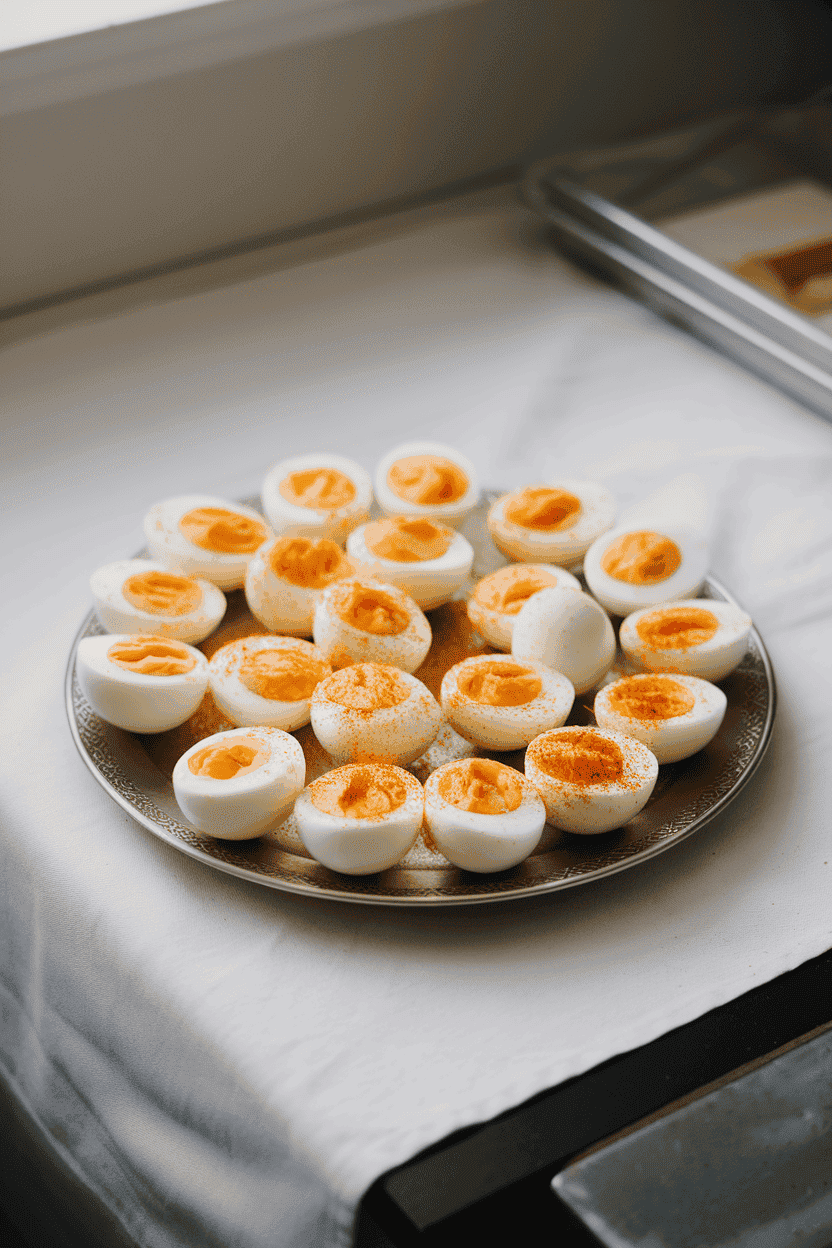 An indoor prep table showing a platter of peeled, halved hard-boiled eggs sprinkled with paprika, yolks bright yellow. No text or logos present. Photo, not illustration.