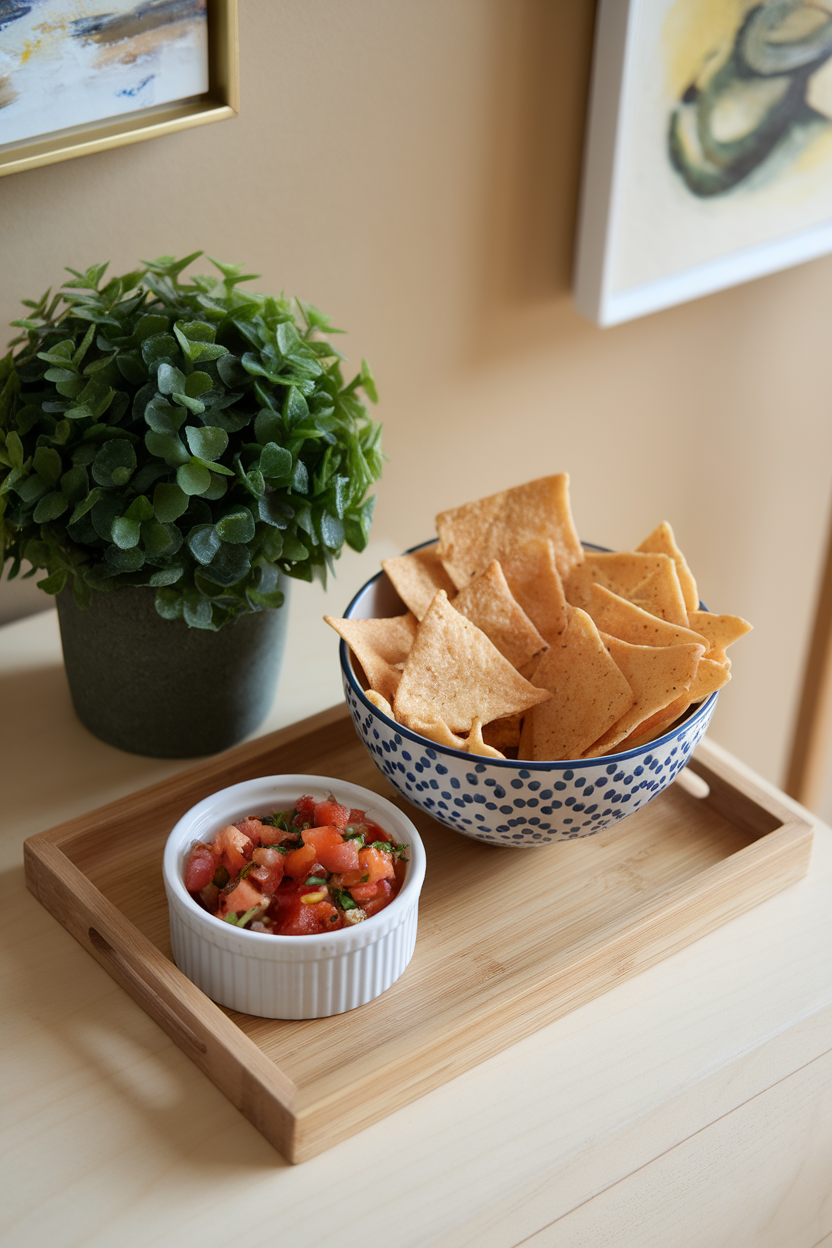 An indoor snack table showcasing a bowl of baked pita chips beside a ramekin of chunky tomato salsa, soft overhead lighting. No identifiable branding.