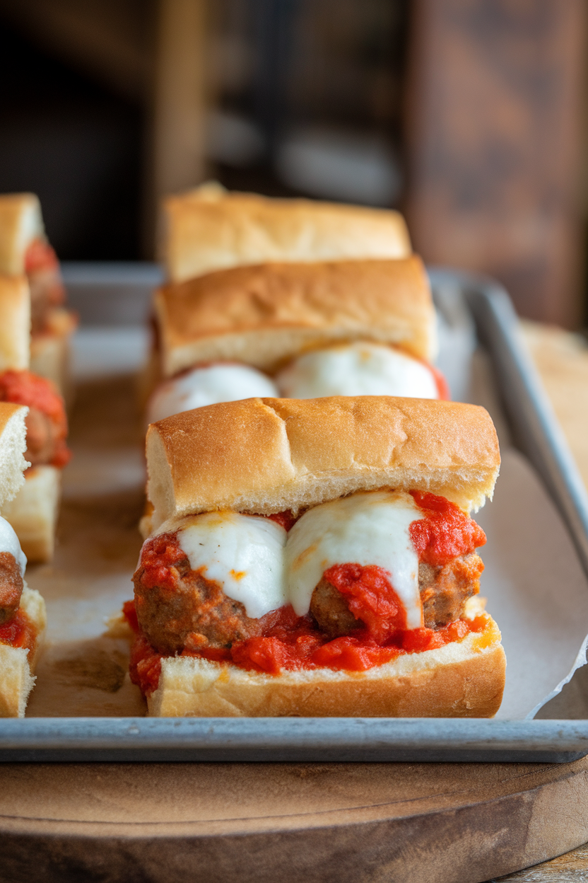 Indoor tabletop photo of small sandwich rolls filled with tomato-sauced meatballs and melted mozzarella, lined up on a tray. No text or logos. Photo, not illustration.