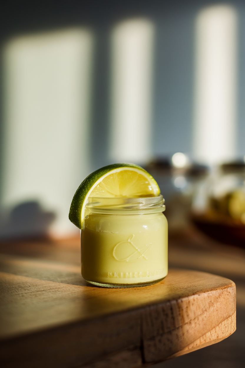 A small jar of pale green key lime custard with a lime twist on top, photographed indoors. Photo, no text or logos.
