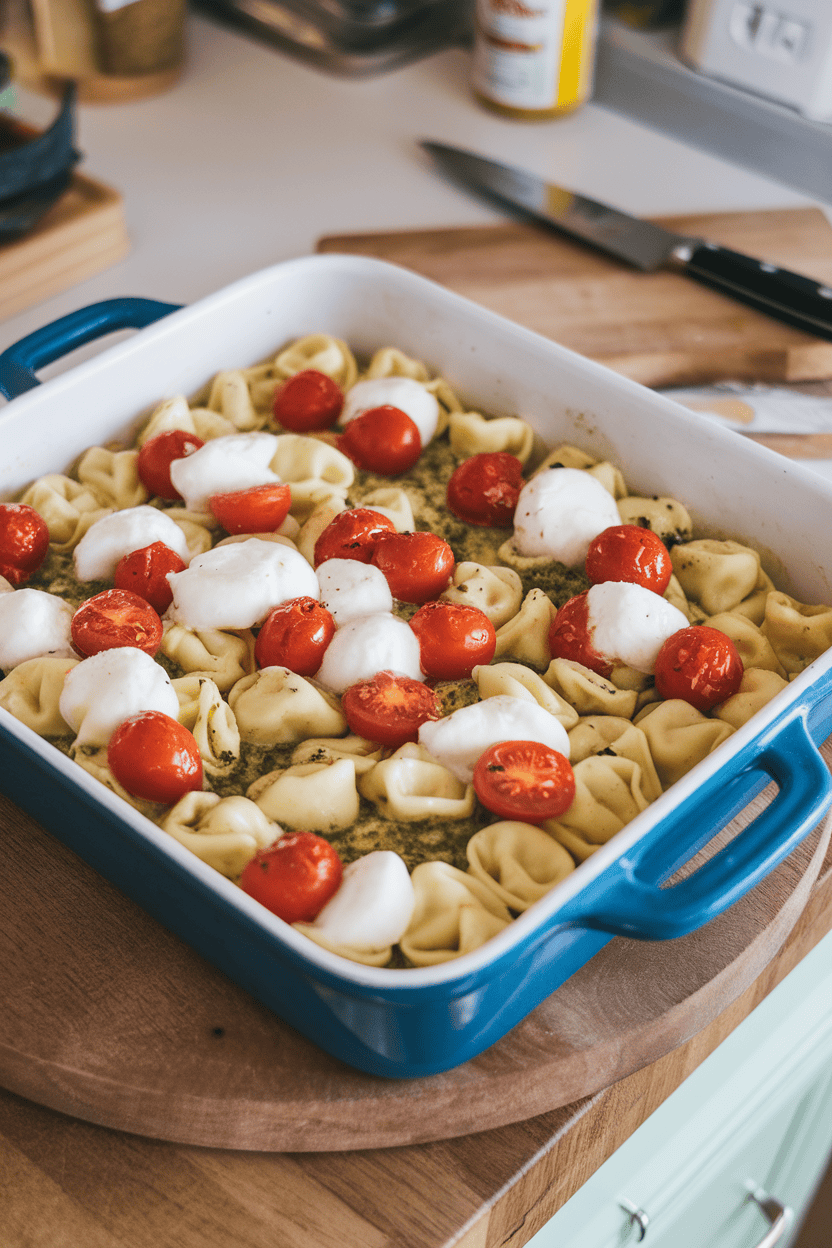Photo of an indoor kitchen island showing a casserole of cheese tortellini tossed in basil pesto, cherry tomatoes, and mozzarella pearls melted on top. No text or logos present.