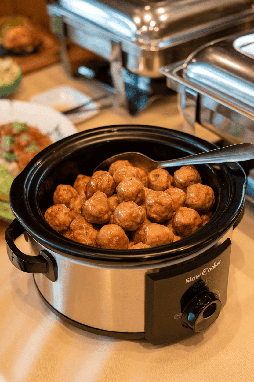 A small slow cooker on an indoor buffet holding glazed teriyaki meatballs, a serving spoon resting inside; no text or logos. Photo, not illustration.