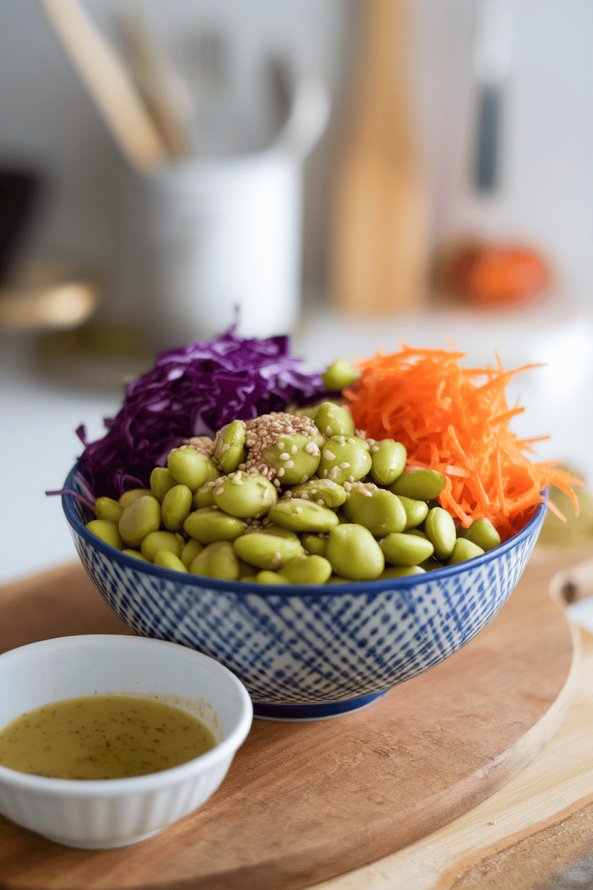Indoor bowl with shelled edamame, shredded red cabbage, grated carrot, and sesame seeds in ginger dressing. Photo only, no text or logos.