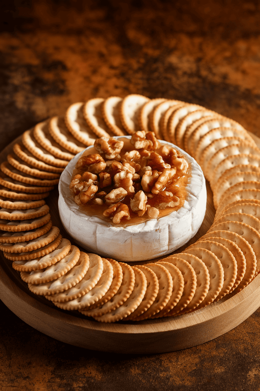 An indoor wooden board featuring a small baked wheel of brie topped with chopped walnuts and honey, crackers fanned around it. Warm lighting; no logos or text, photo only.