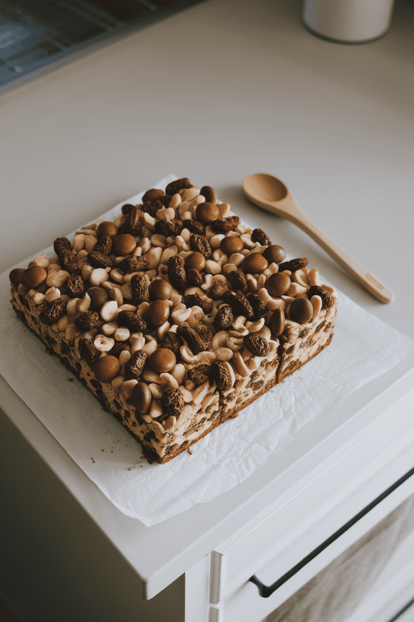 An indoor kitchen island with a square snack cake topped generously with raisins, nuts, and chocolate candies, cut into neat portions. Soft overhead lighting, no visible logos or text; photo, not illustration.