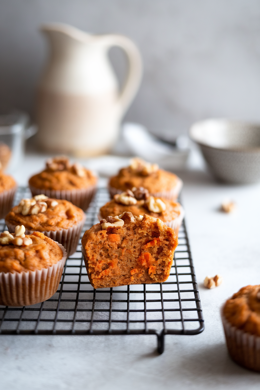 Photo — an indoor bakery-style countertop with a cooling rack of small carrot oat muffins, one sliced to show moist interior. Soft ambient lighting; no text or logos.