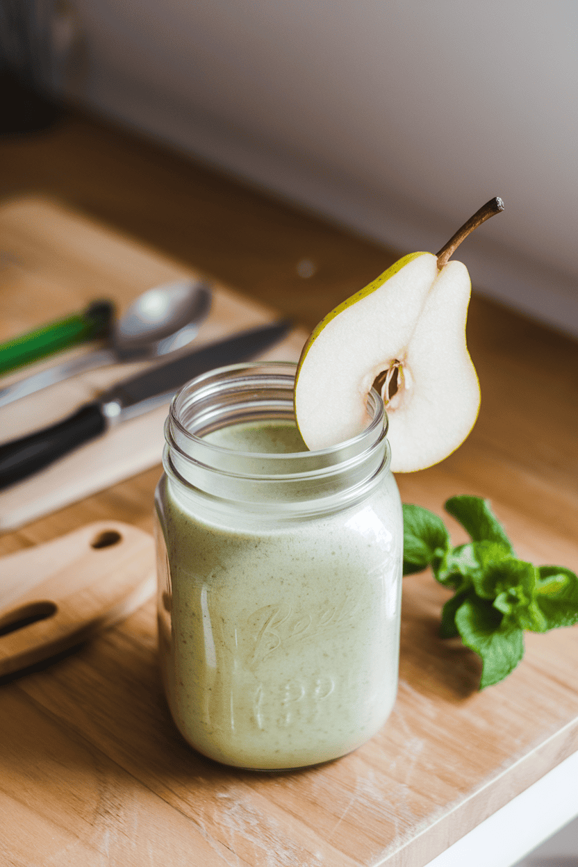 Indoor healthy-eating setup with a light green smoothie in a clear jar, thin pear slice on rim; bright studio lighting; photograph, not illustration; no text or logos.