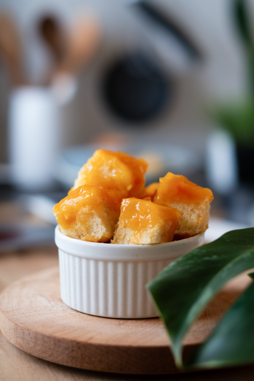 Indoor photo of a small ramekin with cubes of bread glazed in orange marmalade custard, lightly browned on top. No text or logos.
