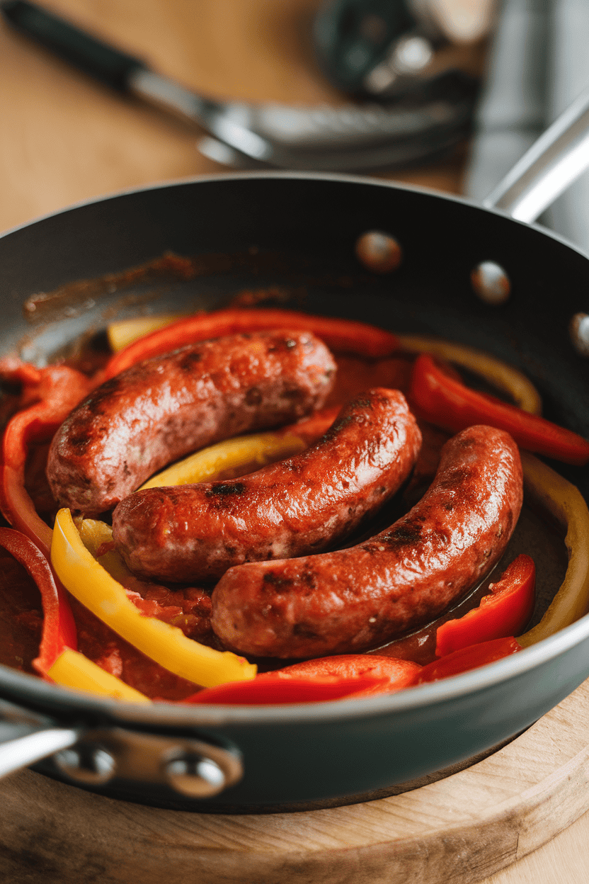 An indoor sauté pan filled with browned Italian sausage links nestled among red and yellow bell-pepper strips and onions, all coated in tomatoey juices. No text or logos. Photo, not illustration.