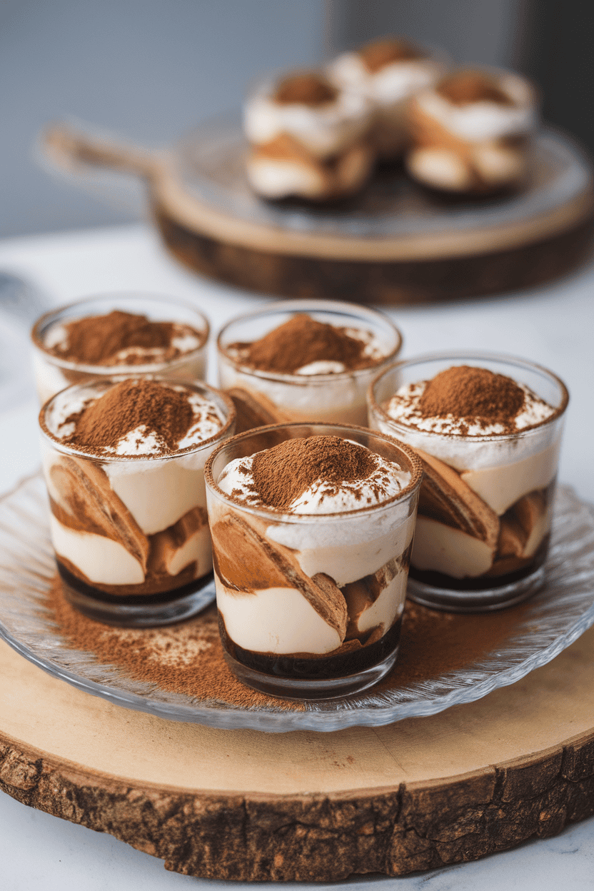 An indoor dessert plate featuring individual glass cups layered with espresso-soaked ladyfingers, mascarpone cream, and cocoa powder dusting on top. No text or logos. Photo, not illustration.