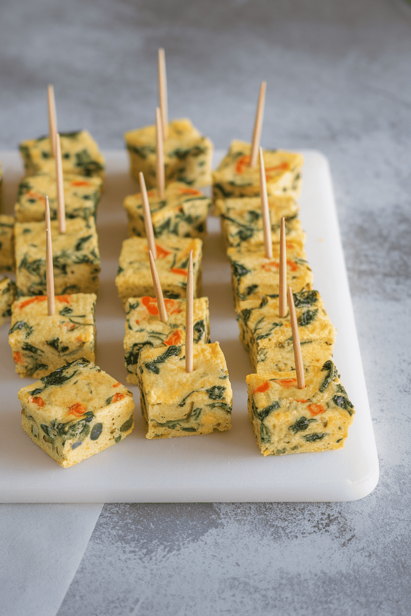 An indoor cutting board with small square frittata bites speckled with spinach and bell pepper, toothpicks inserted for easy grabbing. No logos or text, photo only.