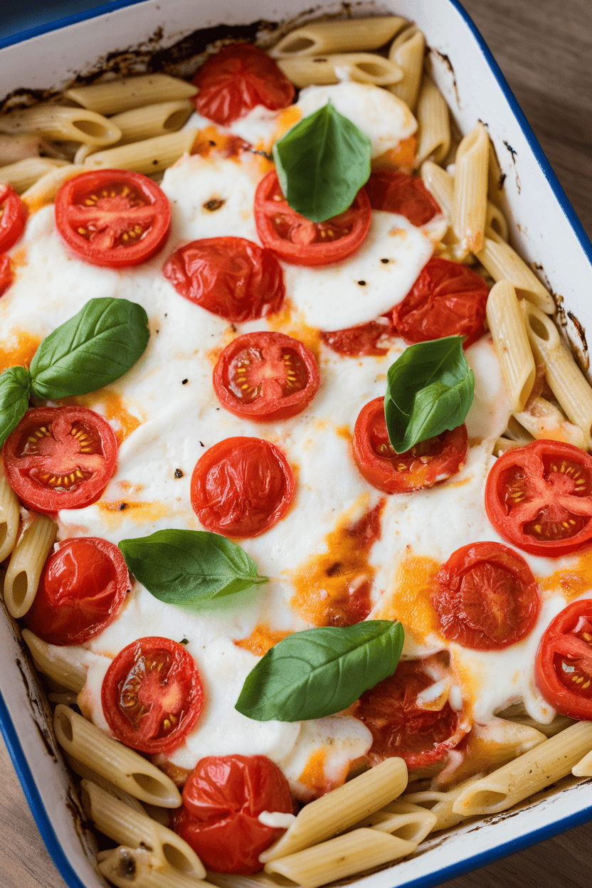 Indoor photo of a casserole dish of Caprese pasta bake—penne with melted mozzarella, cherry tomatoes, and basil leaves lightly charred on top; no text or logos.