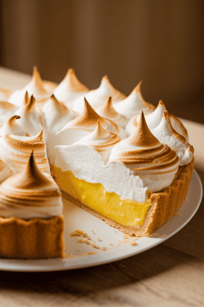 Indoor photo of a lemon meringue pie with tall, browned meringue peaks, a slice removed to reveal bright filling; soft kitchen light; no text or logos