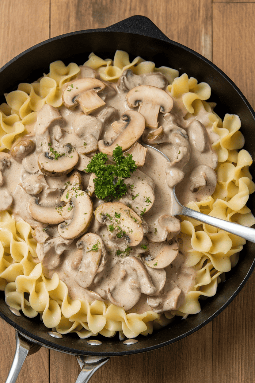 Indoor photo of a skillet containing creamy mushroom stroganoff spooned over wide egg noodles, parsley sprinkled on top; no text or logos.