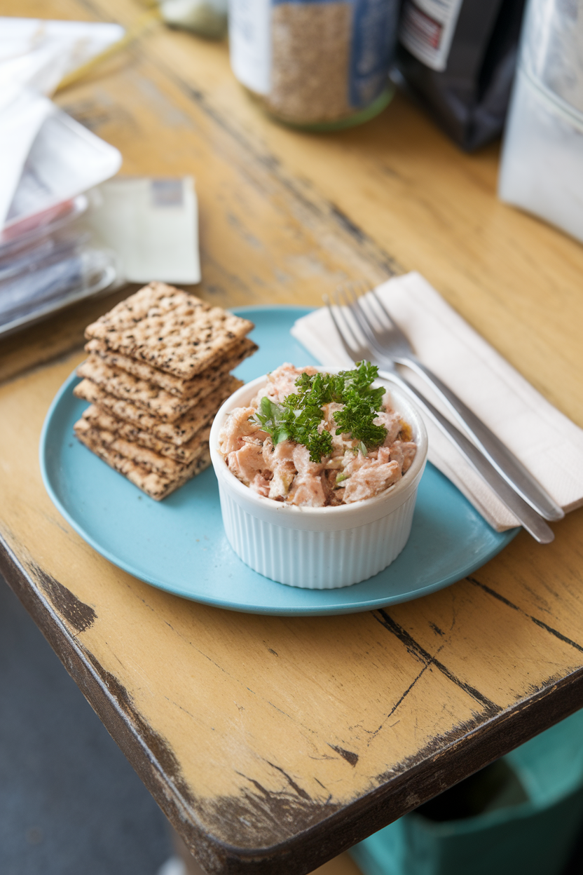 Photo — an indoor lunchroom table featuring a small stack of seeded whole-grain crackers next to a ramekin of tuna salad made with Greek yogurt. Soft overhead lighting; no text or logos.
