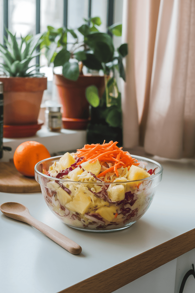 An indoor kitchen counter scene showing a glass bowl of colorful coleslaw with visible pineapple chunks, red cabbage, and shredded carrots. No text or logos.