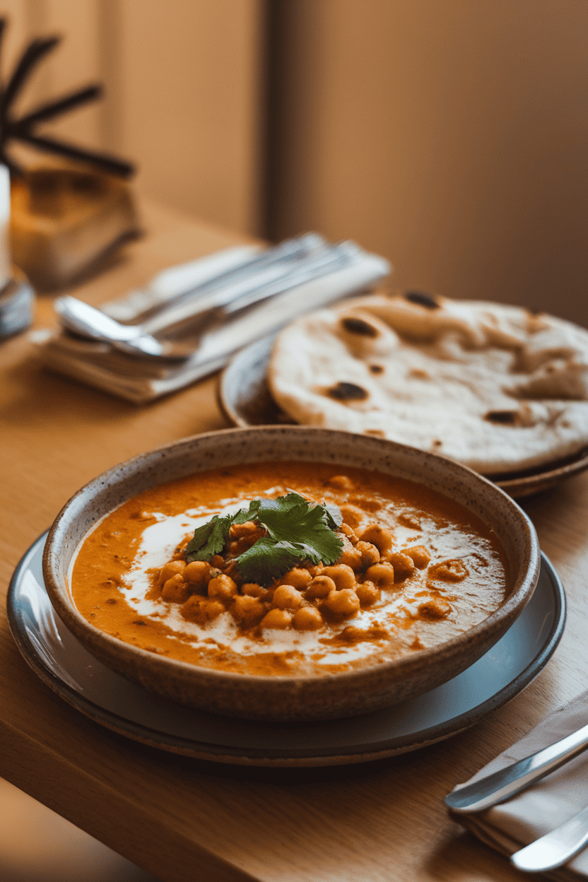 An indoor dining table with a shallow bowl of creamy chickpea curry, coconut milk visible as rich sauce, sprinkled with cilantro. Plain naan on the side, no text or logos, warm lighting. Photo only.