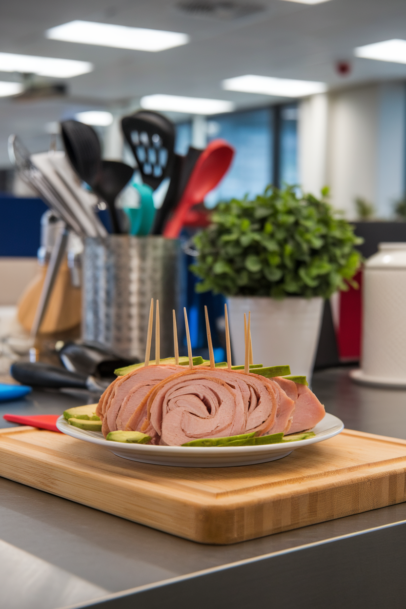 Photo — an indoor office kitchen island showing sliced turkey breast rolled around thin avocado strips, secured with toothpicks on a small plate. Neutral lighting; no text or logos present.