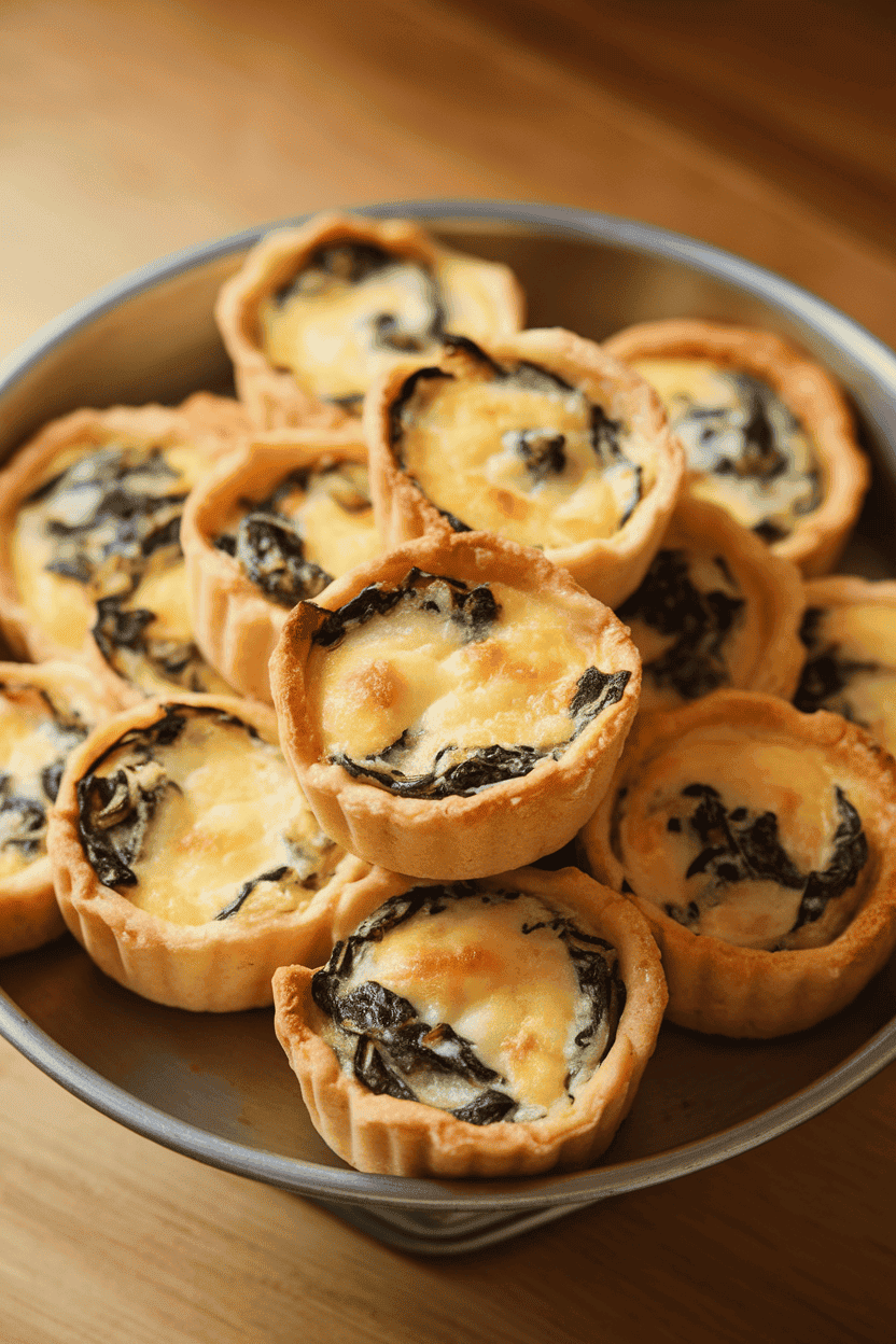 An indoor tray of bite-sized crustless spinach and cheese mini quiches, edges lightly browned, photographed under warm lighting. No logos present.
