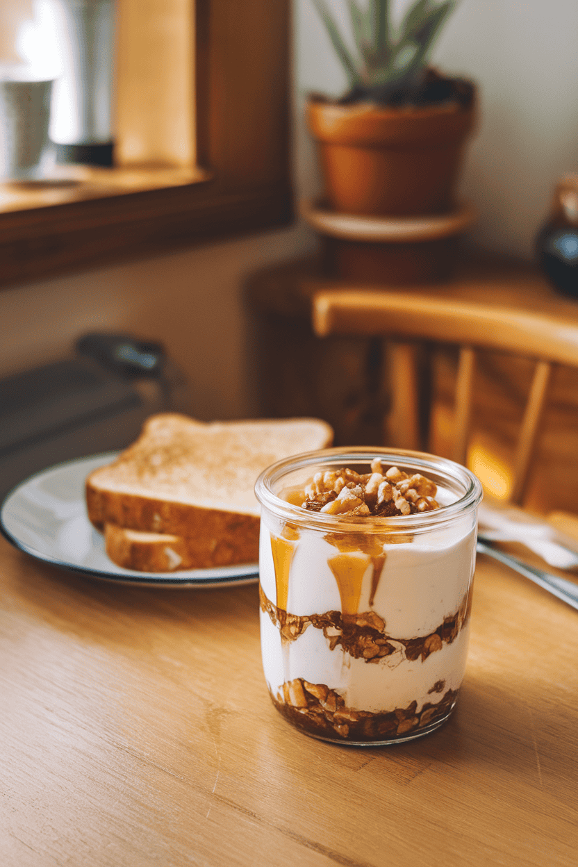 An indoor breakfast nook scene with a clear glass layered with thick yogurt, drizzled honey, and crushed walnuts. No text or logos visible.