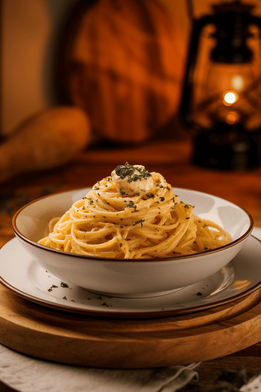 Photo of a bowl of spaghetti glistening with garlic butter and sprinkled with parsley, shot under warm indoor kitchen lighting; no text or logos.