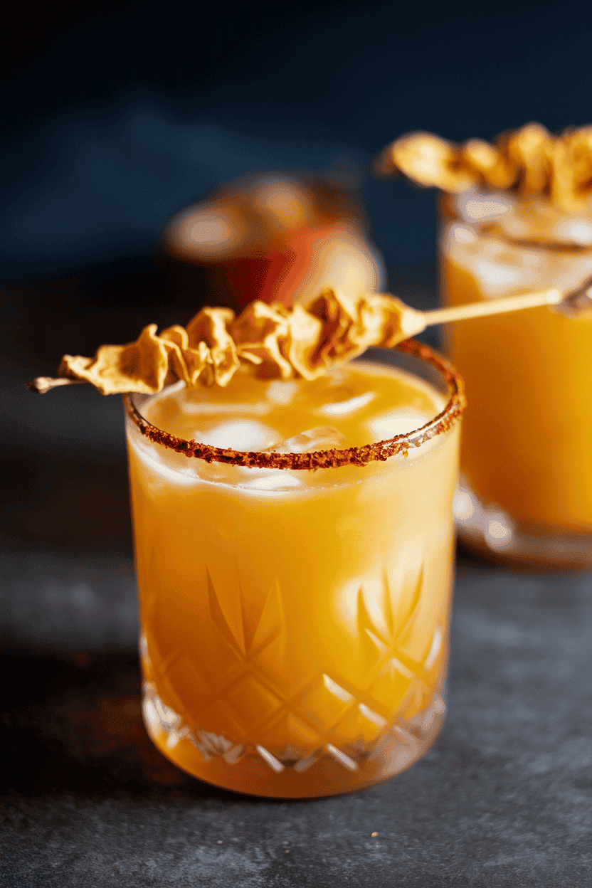 Photo, indoors, rocks glass of golden mango mezcal punch, chili-salt rim and dried mango spear garnish. No text or logos.