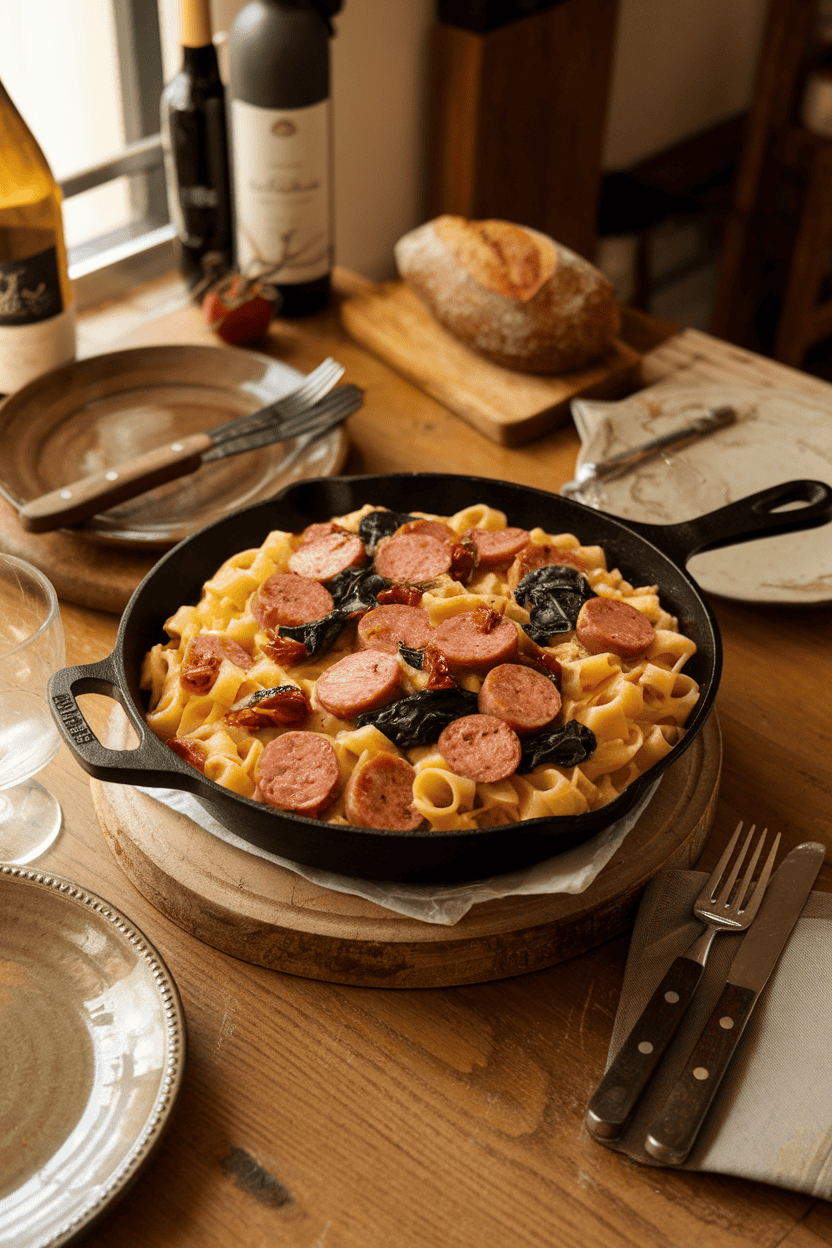 A warmly lit indoor dining table with a skillet of creamy pasta featuring sliced sausage, spinach, and sun-dried tomatoes, no logos in view.
