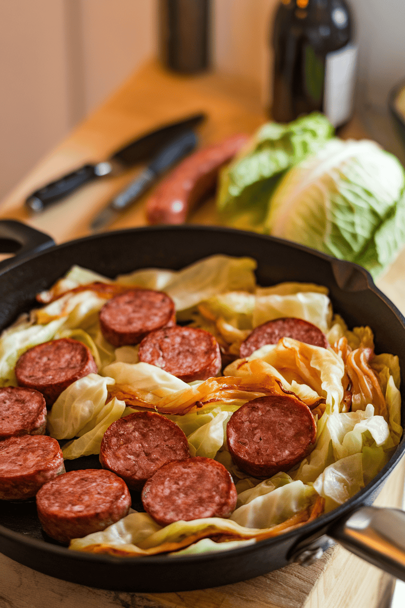 Indoor photo of a skillet filled with browned sausage rounds and sautéed cabbage ribbons, lightly caramelized. No text or logos.