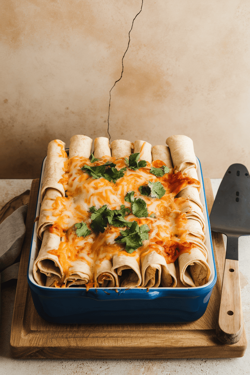 Indoor photo of a casserole dish packed with rolled flour tortillas topped with bubbly melted cheese and a sprinkle of chopped cilantro; serving spatula alongside; no text or logos.