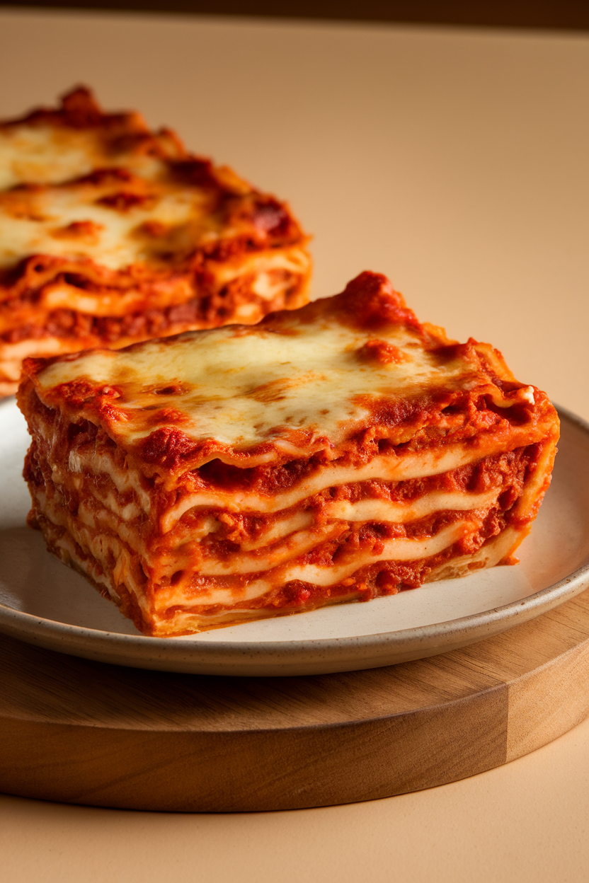 Indoor photo of a slice of gooey lasagna on a plate, layers of cheese, sauce, and noodles clearly visible under warm lighting. No logos or text.