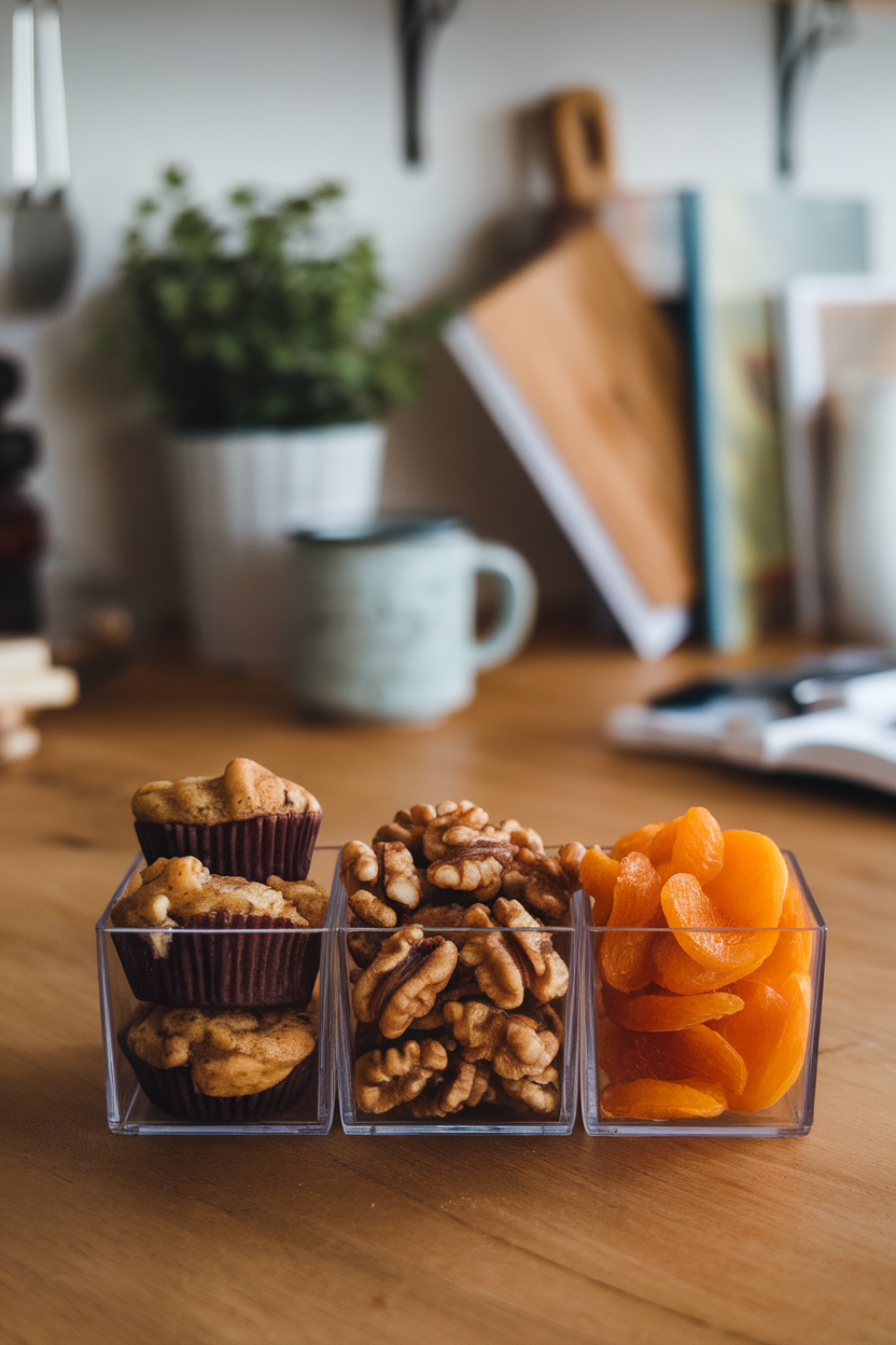Photo inside a cozy kitchen showing mini banana nut muffins, a fistful of walnut halves, and dried apricot pieces arranged in a three-compartment container. No branding or text present.