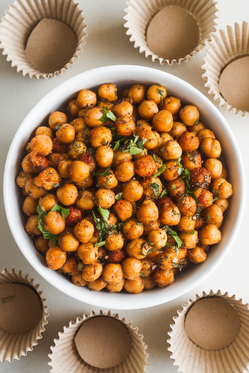 Photo of an indoor bowl of crispy roasted chickpeas in various seasonings, with small paper cups ready for portioning. Overhead shot; no text or logos.