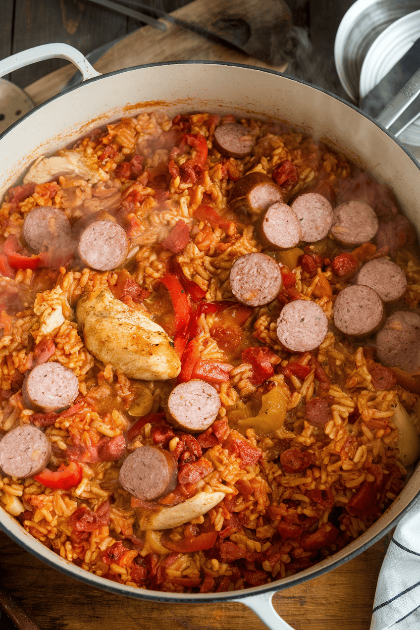Indoor photo of a big pot of jambalaya—tomato-colored rice studded with sausage slices, chicken, and peppers—steam visible; no text or logos.