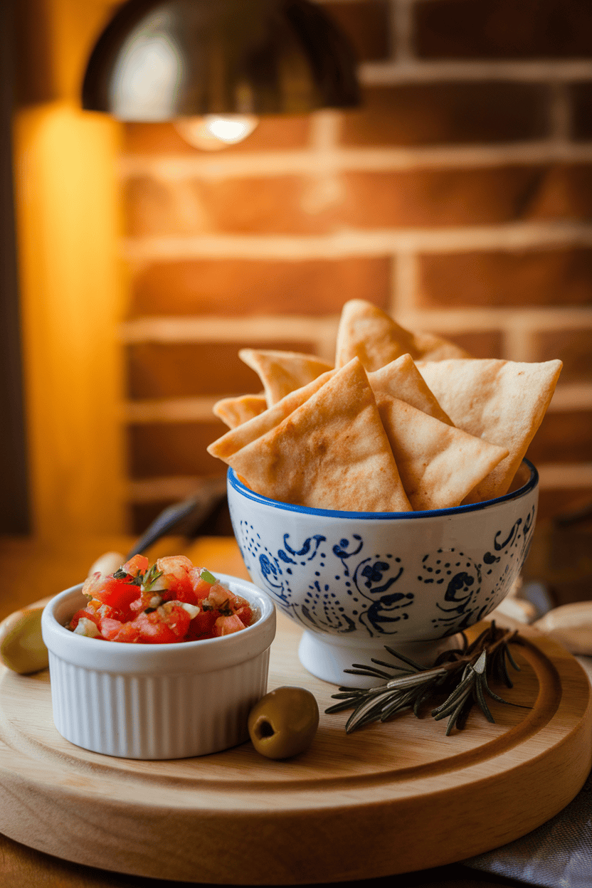 An indoor snack bowl of crisp pita chips beside a small ramekin of chunky tomato salsa, warm lighting, no text or logos present, photograph.