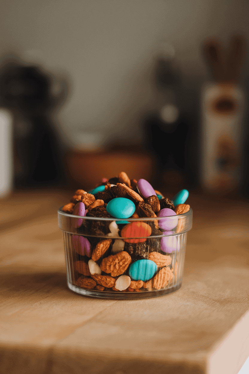 An indoor countertop scene featuring a clear ramekin filled with colorful trail mix of almonds, raisins, chocolate candies, and pretzel bits. Soft diffused light, no text or logos, photo only.