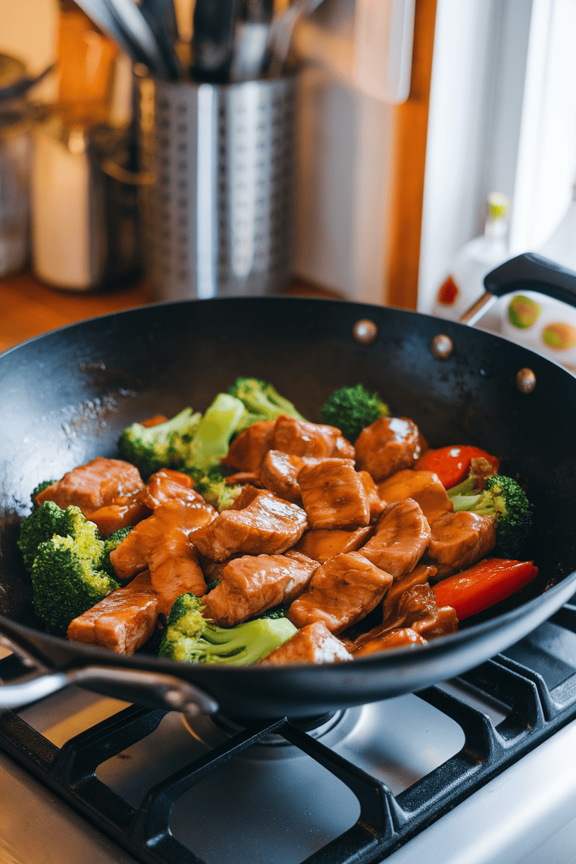 An indoor stovetop wok featuring thin strips of cooked pork, broccoli, and bell peppers coated in glossy teriyaki sauce. No logos or text; photo.