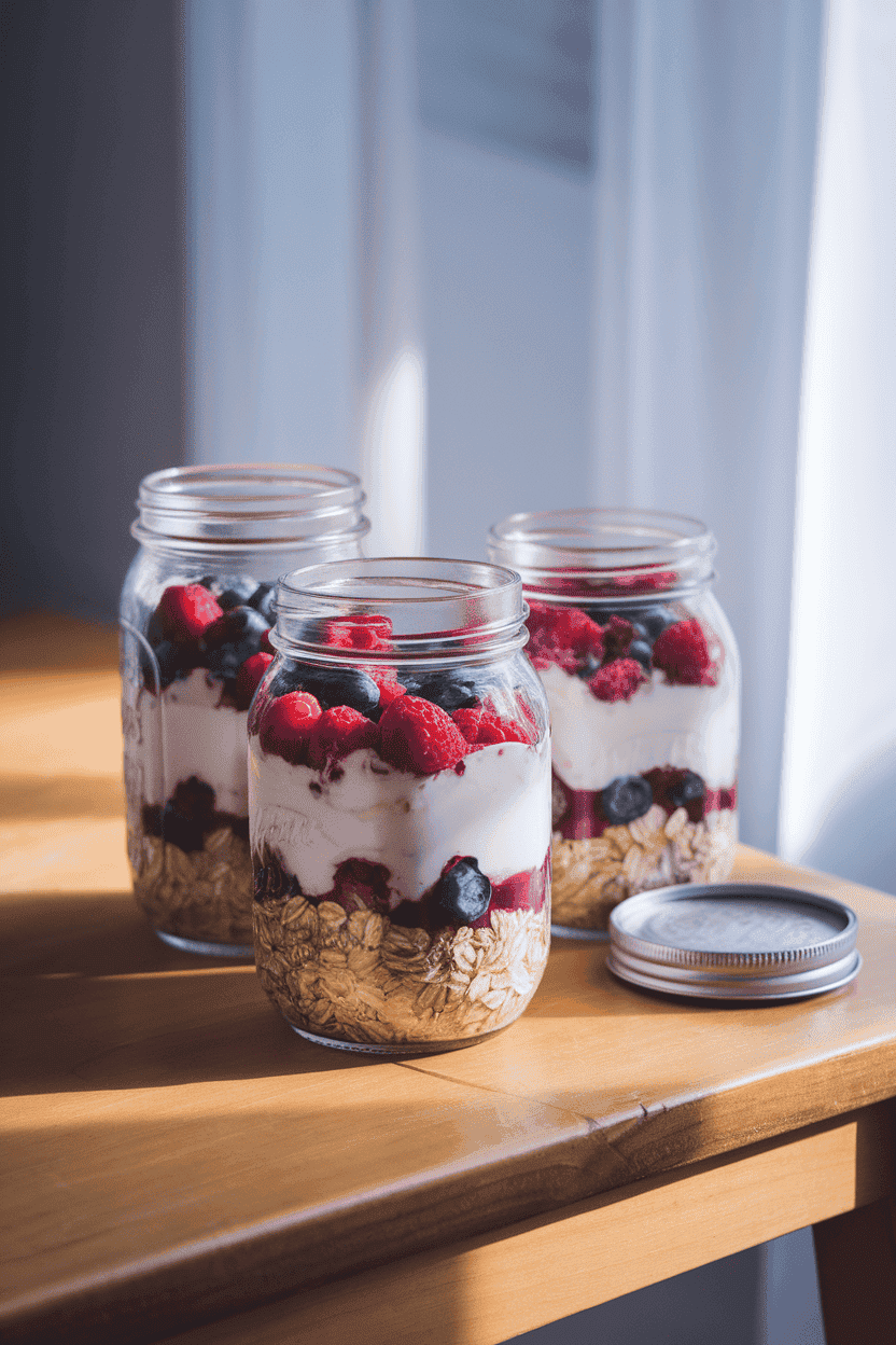 An indoor wooden table displaying three mason jars filled with layered oats, berries, and a swirl of yogurt, lids placed alongside; soft morning light, no text or logos. Photo, not illustration.