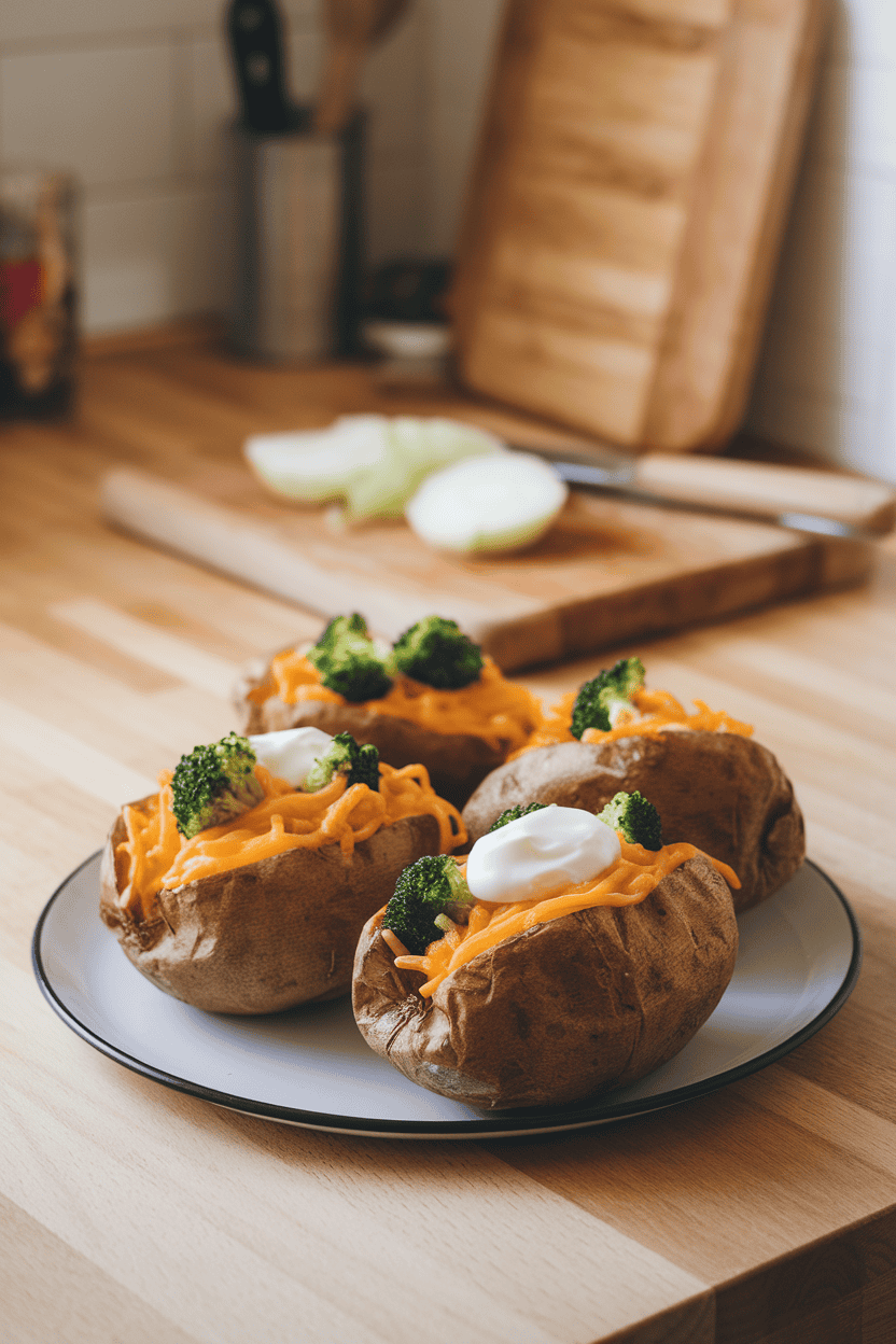 Indoor kitchen counter showing three baked russet potatoes split open and topped with melted cheese, steamed broccoli florets, and a dollop of sour cream. No text or logos present, cozy indoor lighting. Photo only.