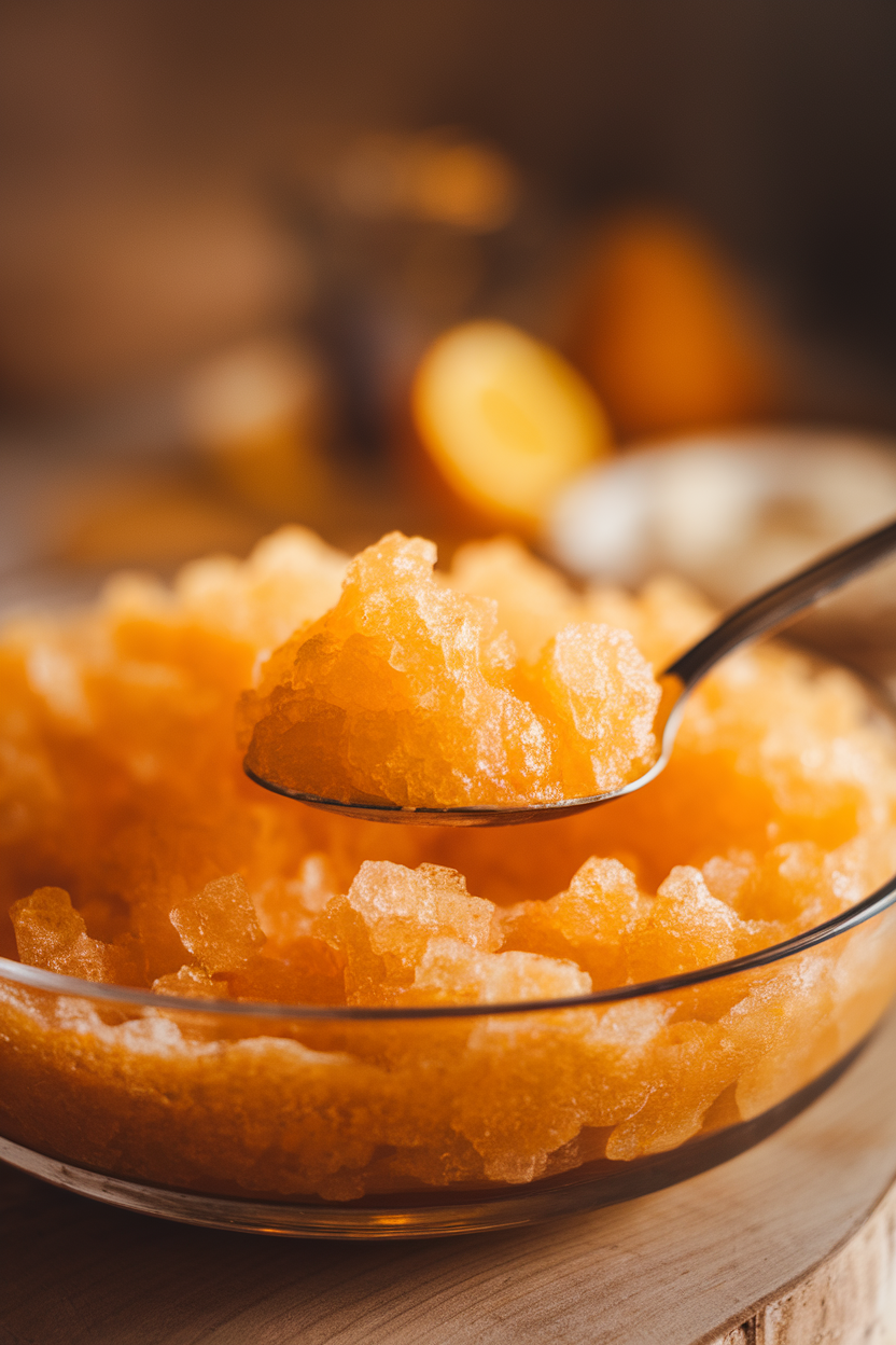 A shallow dish of flaky orange granita crystals with a spoon scooping, indoor lighting. Photo, no text or logos anywhere.