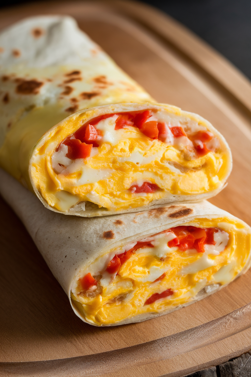 Indoor photo of a sliced breakfast burrito showing scrambled eggs, melted cheese, and diced peppers on a wooden board. Soft, natural lighting; no logos or text visible.