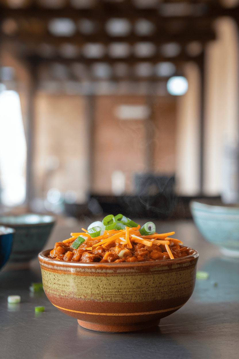 A ceramic bowl of chunky vegetarian chili on an indoor table, topped with shredded cheese and sliced green onion, steam visible. No text or logos present.