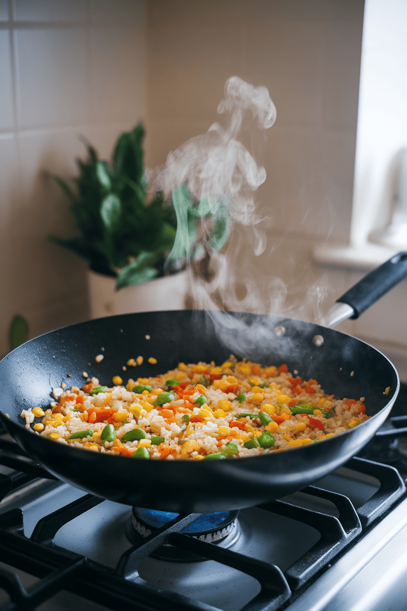 An indoor wok on a range filled with colorful fried rice—yellow corn, orange carrots, green edamame, and red bell pepper—steam curling upward. No text or branding present.